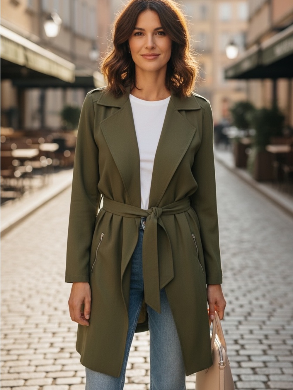 JustFab Olive Green Long Open Front Belted Blazer XL NWT